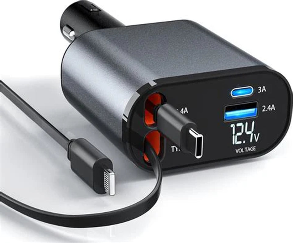 Retractable Car Charger – Dual USB Port Cable with Fast Charging Feature