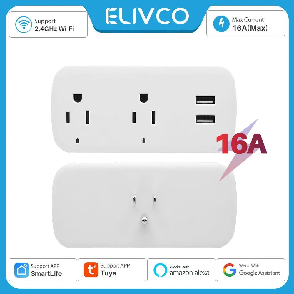 16A US Tuya Smart Wifi Plug Socket 2 Outlets 2 USB Ports with Timer Countdown Smart Life APP Remote Control Works with Alexa Goo