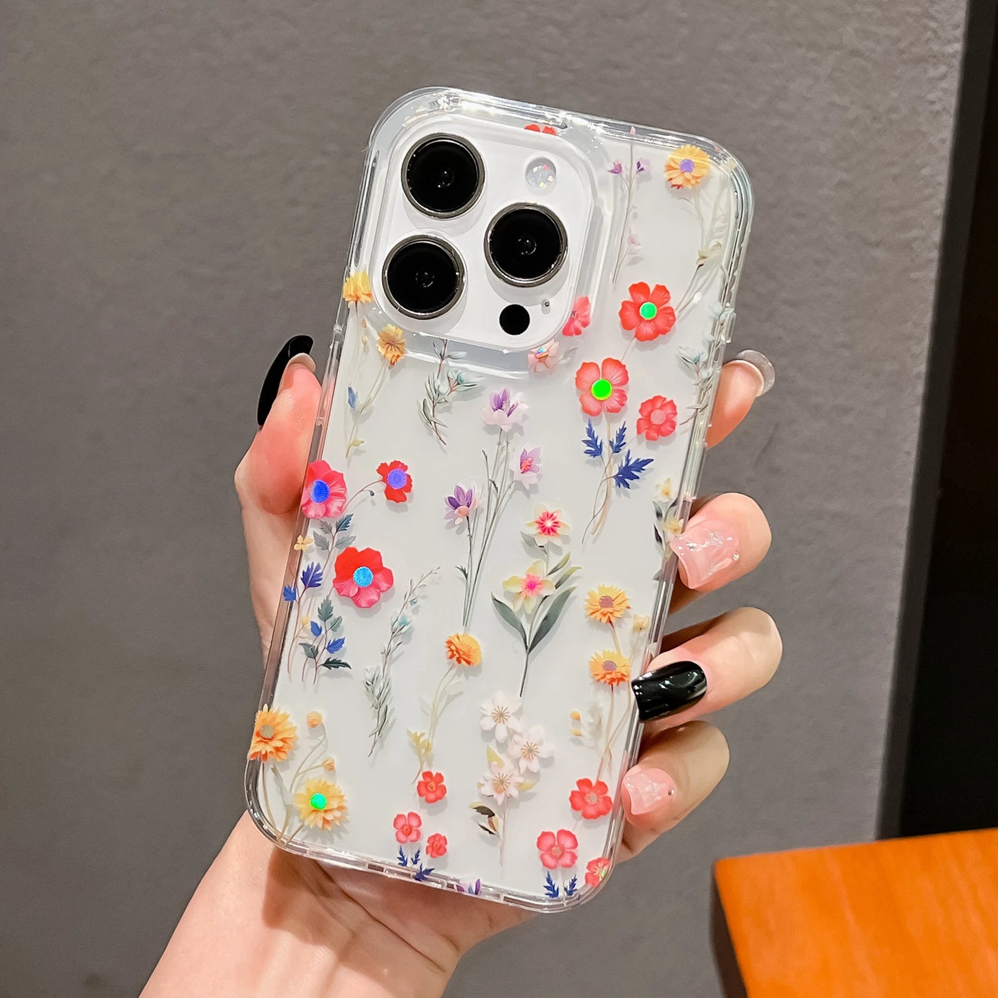 Luxury Laser Flower Painting Phone Case for Iphone 16 14 13 11 12 15 Pro Max plus Shock Absorbing Bumper Crystal Clear Cover