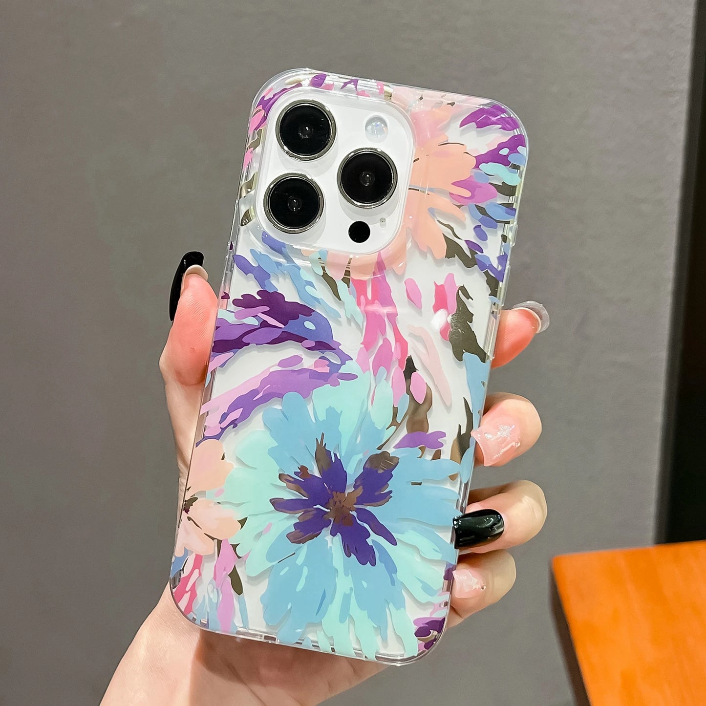 Luxury Laser Flower Painting Phone Case for Iphone 16 14 13 11 12 15 Pro Max plus Shock Absorbing Bumper Crystal Clear Cover
