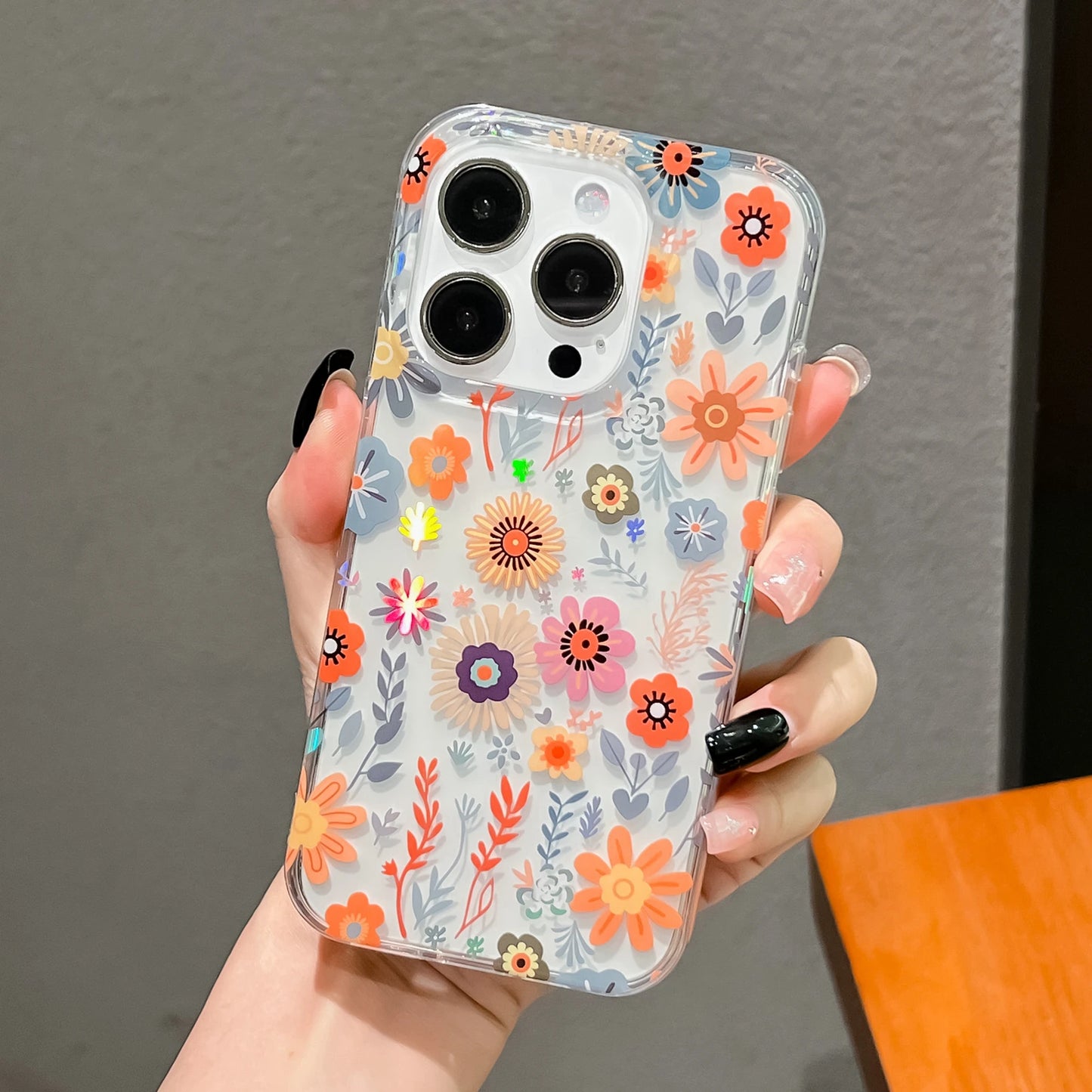 Luxury Laser Flower Painting Phone Case for Iphone 16 14 13 11 12 15 Pro Max plus Shock Absorbing Bumper Crystal Clear Cover