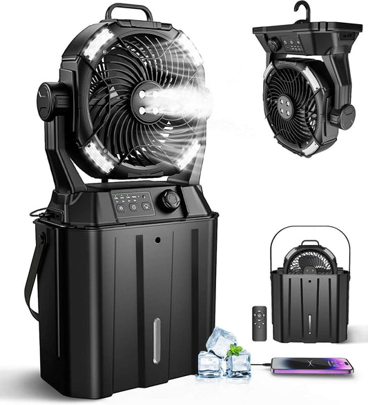 Stay cool anywhere with this portable misting fan! Rechargeable, 4 spray outlets, LED lights & timer – perfect for camping, patio, beach, golf & parties.