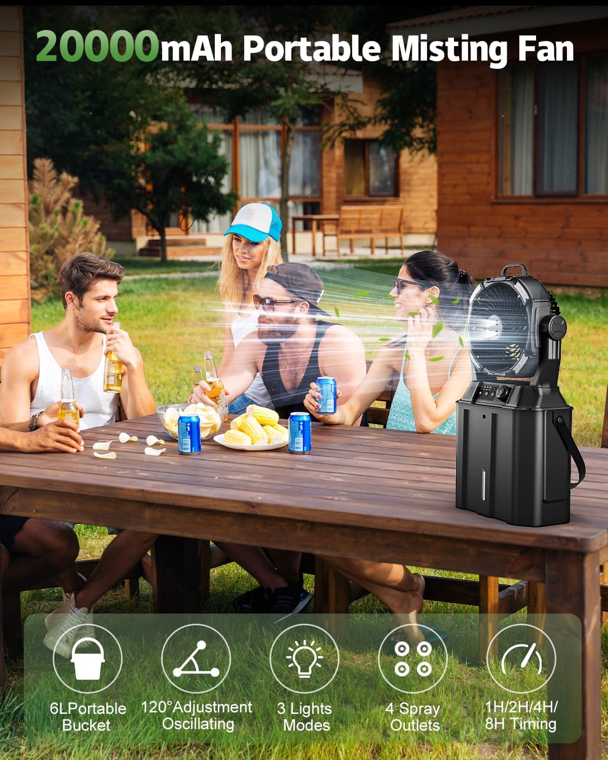 Misting Fan Portable for Outside, Camping Mister Cooling Fan for Outdoors Patios, Rechargeable Battery Operated Mist Fans, 4 Spray Outlets, 3 Lights Modes, 4 Timer for Fishing/Golf/Garden/Party/Beach