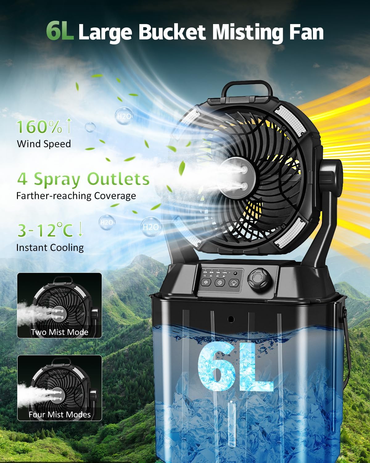 Misting Fan Portable for Outside, Camping Mister Cooling Fan for Outdoors Patios, Rechargeable Battery Operated Mist Fans, 4 Spray Outlets, 3 Lights Modes, 4 Timer for Fishing/Golf/Garden/Party/Beach