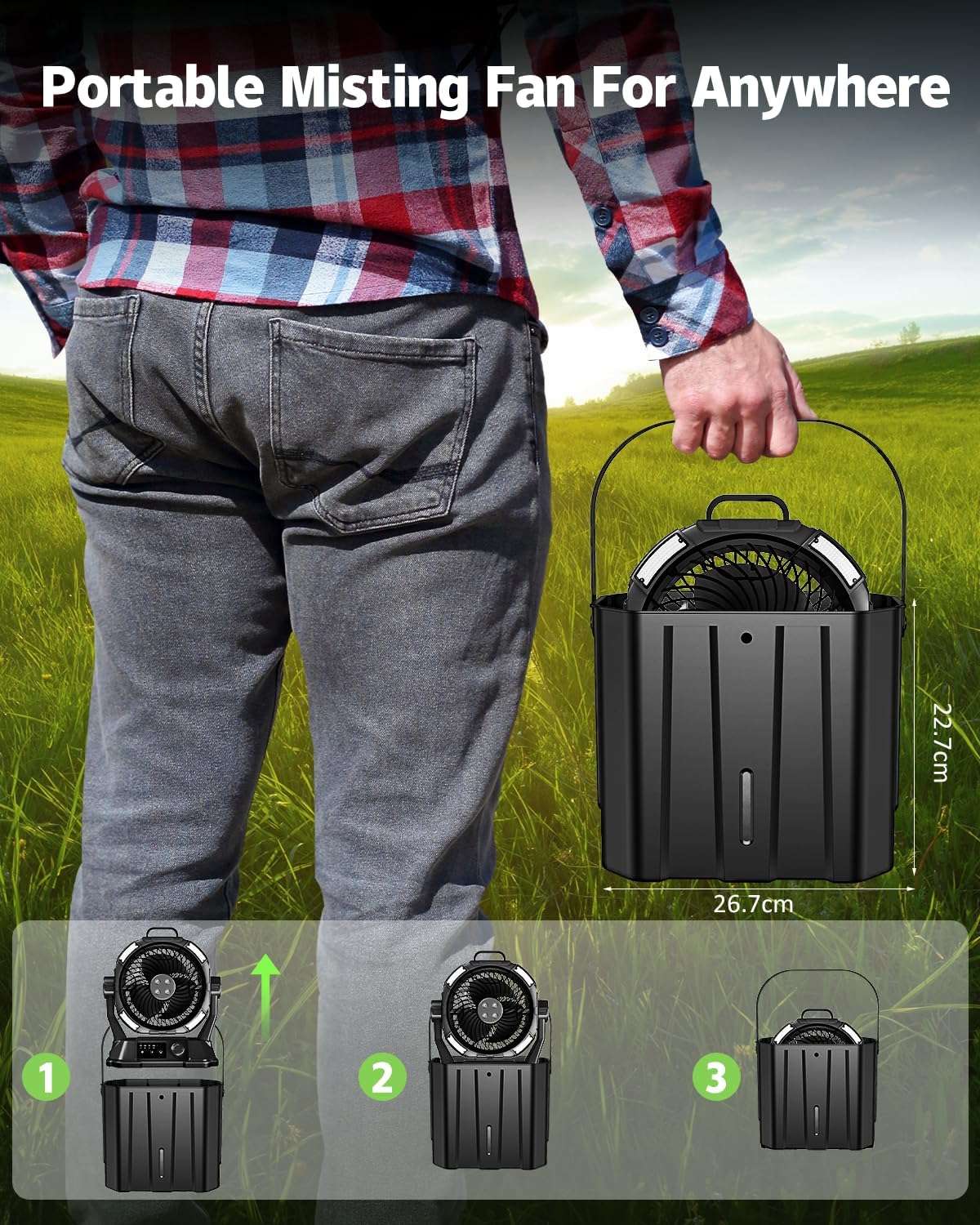 Misting Fan Portable for Outside, Camping Mister Cooling Fan for Outdoors Patios, Rechargeable Battery Operated Mist Fans, 4 Spray Outlets, 3 Lights Modes, 4 Timer for Fishing/Golf/Garden/Party/Beach