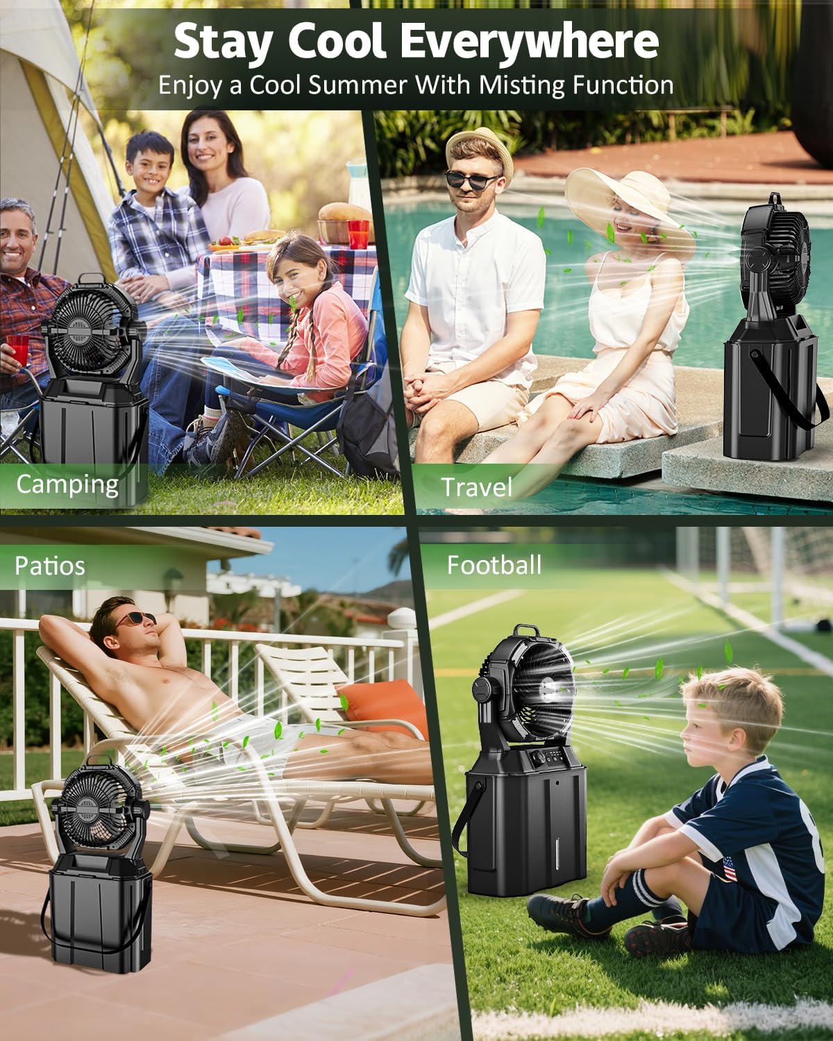 Misting Fan Portable for Outside, Camping Mister Cooling Fan for Outdoors Patios, Rechargeable Battery Operated Mist Fans, 4 Spray Outlets, 3 Lights Modes, 4 Timer for Fishing/Golf/Garden/Party/Beach