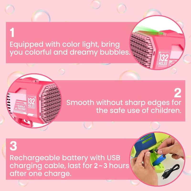 Bubble Machine, 132 Holes Bubble Machine with Light & 2 Counts 50Ml Bubble Solution, Bubble Machine for Party, Summer Gift, Bubble Maker, Kids Toys, Toys for Kids Fidget Toys, Baby Toys Toddler Toys, for Playtime