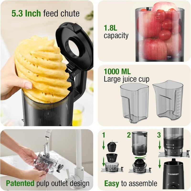 Juicer Machines, TUUMIIST Cold Press Juicer with 6.5“&5.3"&4.3“ Extra Large Feed Chute Fit Whole Fruits & Vegetables Easy to Clean, High Juice Yield, BPA Free