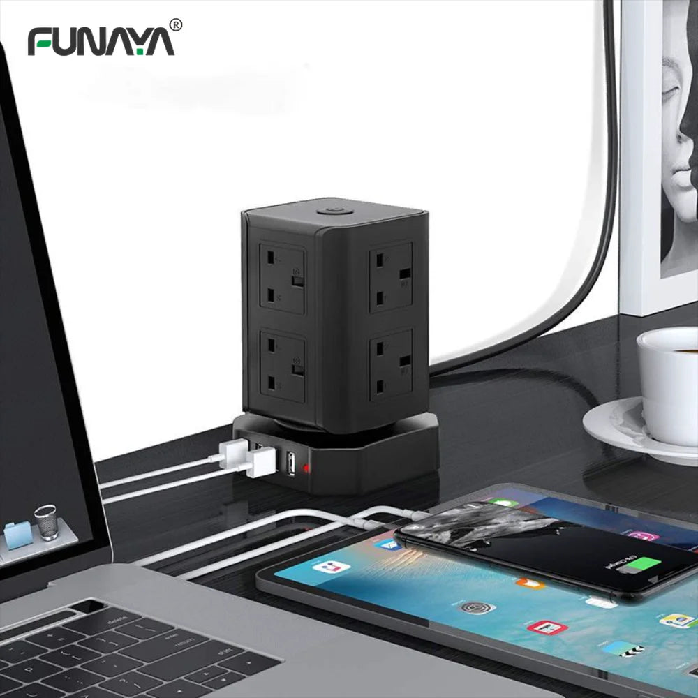 Tower Power Strip Sockets UK US Plug 8 Utlets 4 USB AC110V 220V 10A 2500W White Home Office Smart Overload Protection Socket