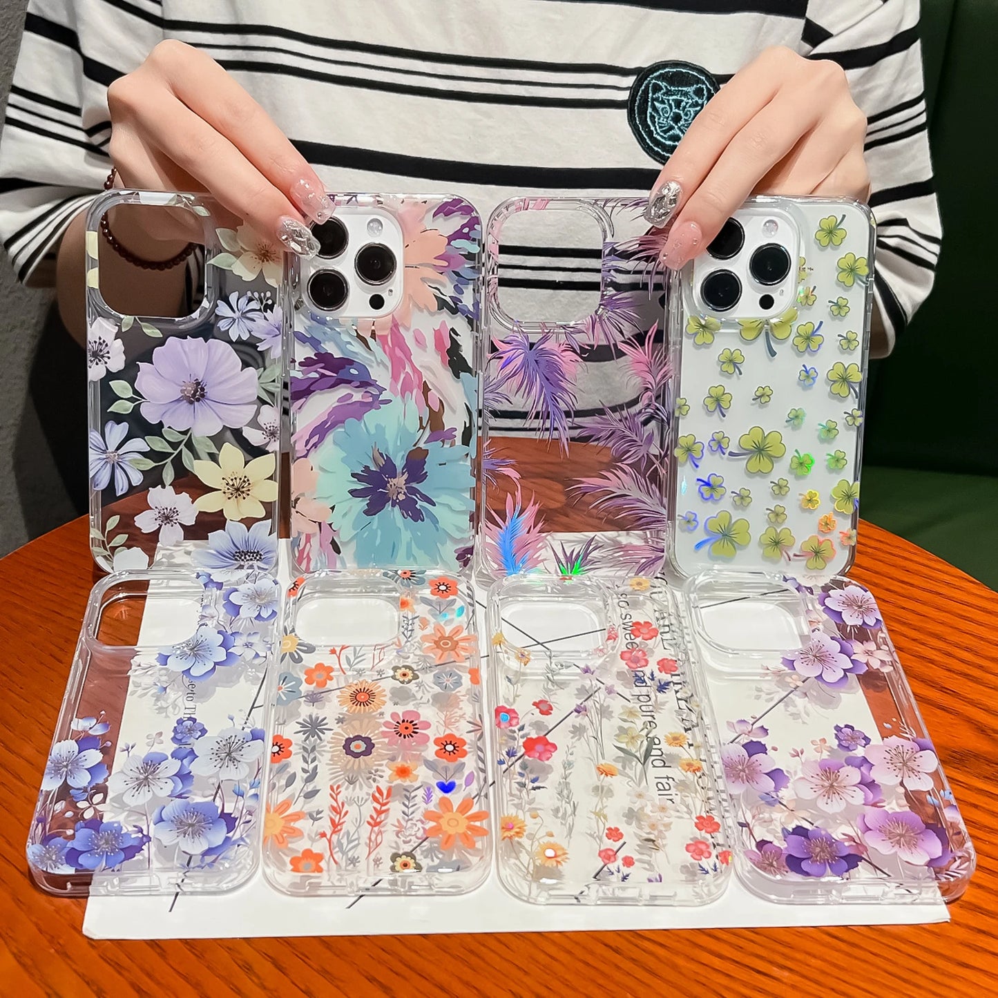 Luxury Laser Flower Painting Phone Case for Iphone 16 14 13 11 12 15 Pro Max plus Shock Absorbing Bumper Crystal Clear Cover