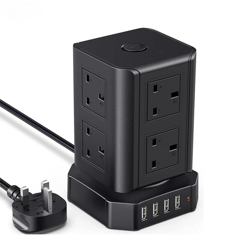 Tower Power Strip Sockets UK US Plug 8 Utlets 4 USB AC110V 220V 10A 2500W White Home Office Smart Overload Protection Socket