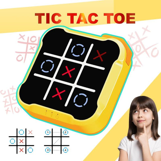Portable electronic tic tac toe game console with AI and multiplayer options, compact for travel and education.