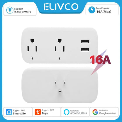 16A US Tuya Smart Wifi Plug Socket 2 Outlets 2 USB Ports with Timer Countdown Smart Life APP Remote Control Works with Alexa Goo