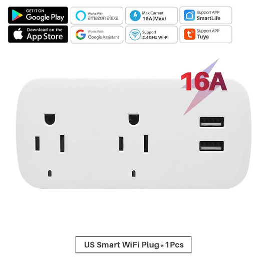 16A US Tuya Smart Wifi Plug Socket 2 Outlets 2 USB Ports with Timer Countdown Smart Life APP Remote Control Works with Alexa Goo