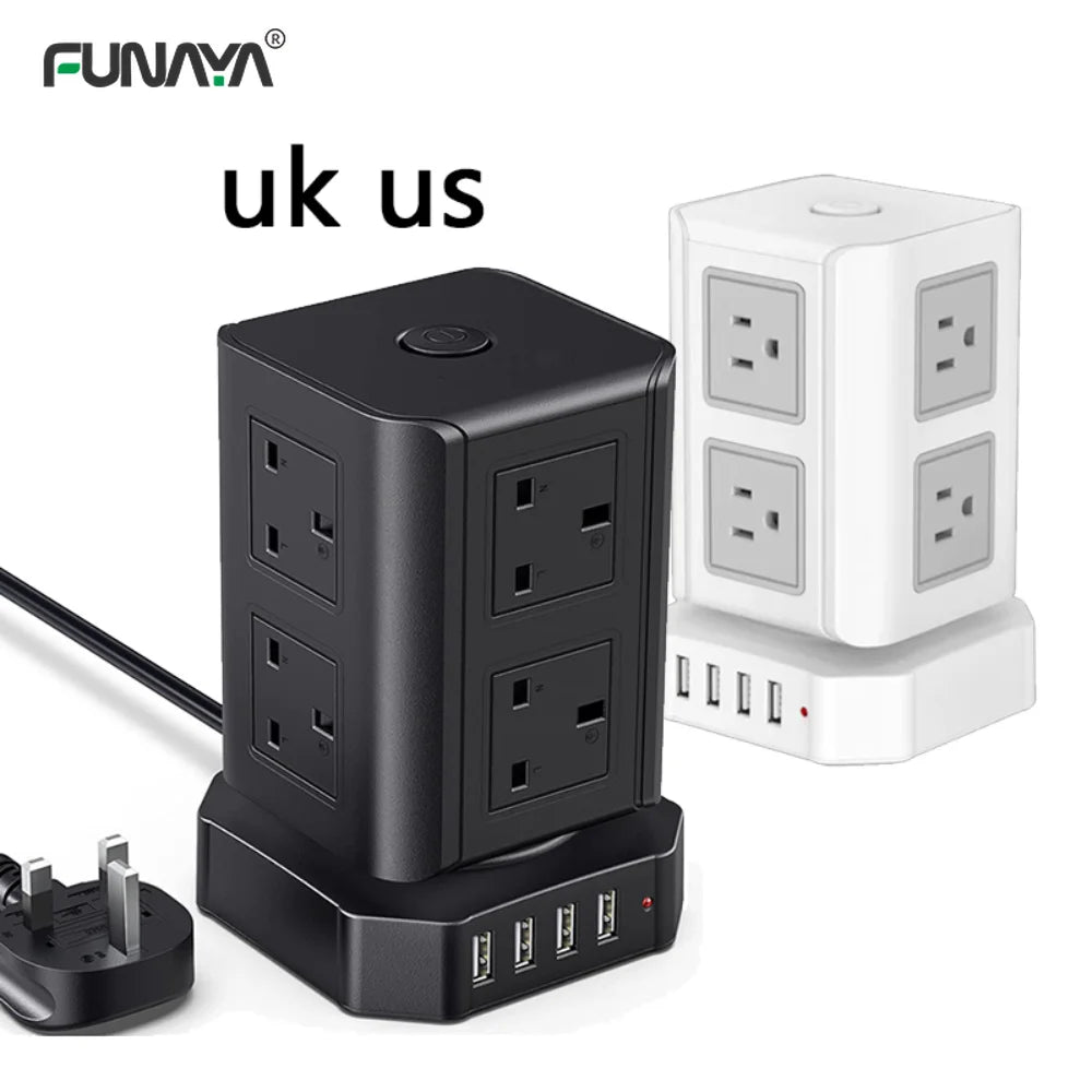 Tower Power Strip Sockets UK US Plug 8 Utlets 4 USB AC110V 220V 10A 2500W White Home Office Smart Overload Protection Socket