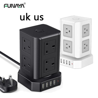 Tower Power Strip Sockets UK US Plug 8 Utlets 4 USB AC110V 220V 10A 2500W White Home Office Smart Overload Protection Socket
