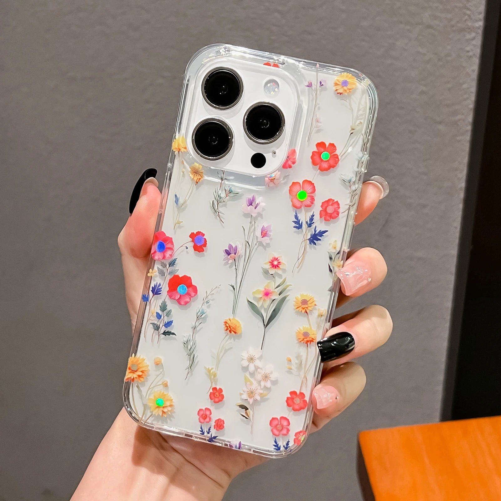 Luxury Laser Flower Painting Phone Case for Iphone 16 14 13 11 12 15 Pro Max plus Shock Absorbing Bumper Crystal Clear Cover
