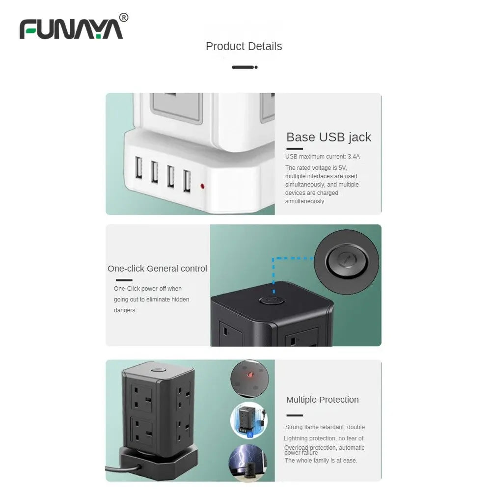 Tower Power Strip Sockets UK US Plug 8 Utlets 4 USB AC110V 220V 10A 2500W White Home Office Smart Overload Protection Socket