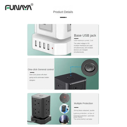 Tower Power Strip Sockets UK US Plug 8 Utlets 4 USB AC110V 220V 10A 2500W White Home Office Smart Overload Protection Socket