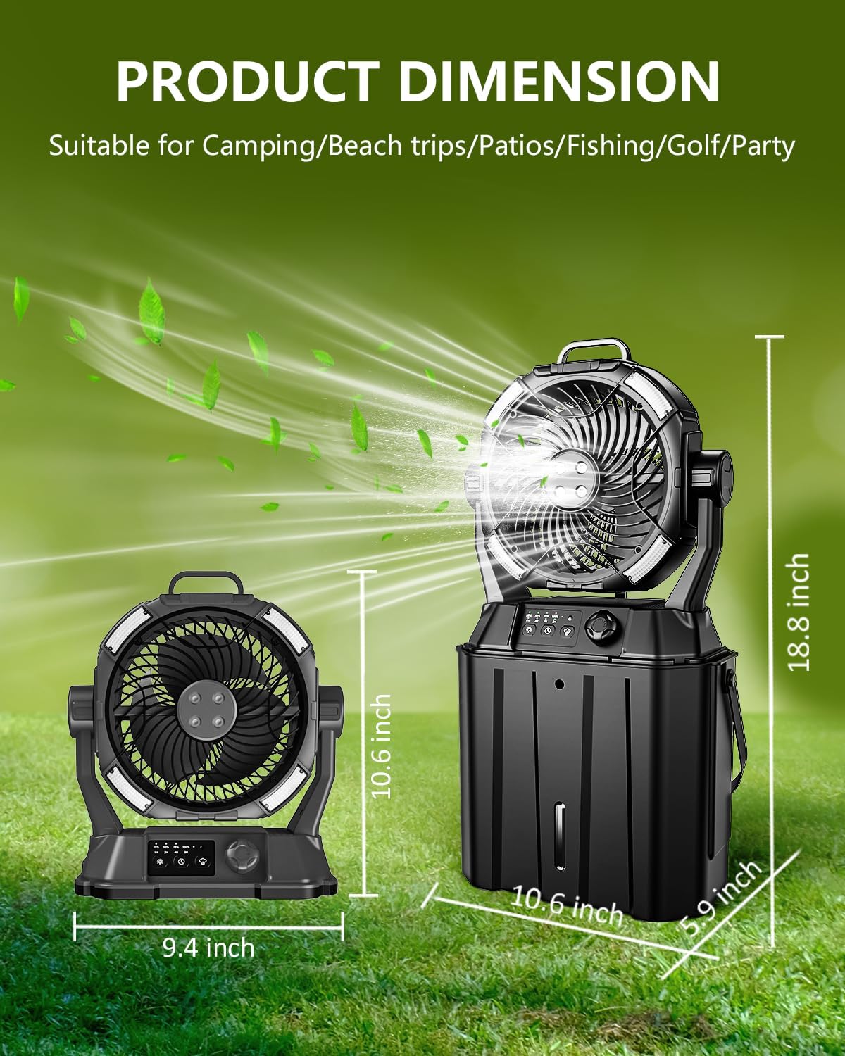 Misting Fan Portable for Outside, Camping Mister Cooling Fan for Outdoors Patios, Rechargeable Battery Operated Mist Fans, 4 Spray Outlets, 3 Lights Modes, 4 Timer for Fishing/Golf/Garden/Party/Beach