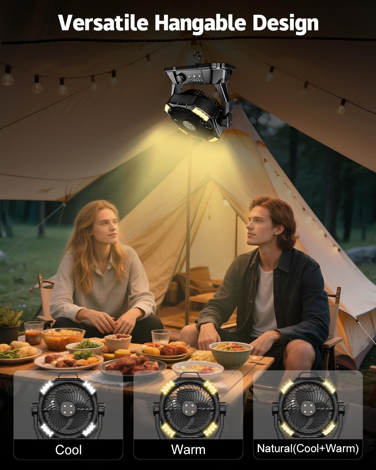 Misting Fan Portable for Outside, Camping Mister Cooling Fan for Outdoors Patios, Rechargeable Battery Operated Mist Fans, 4 Spray Outlets, 3 Lights Modes, 4 Timer for Fishing/Golf/Garden/Party/Beach