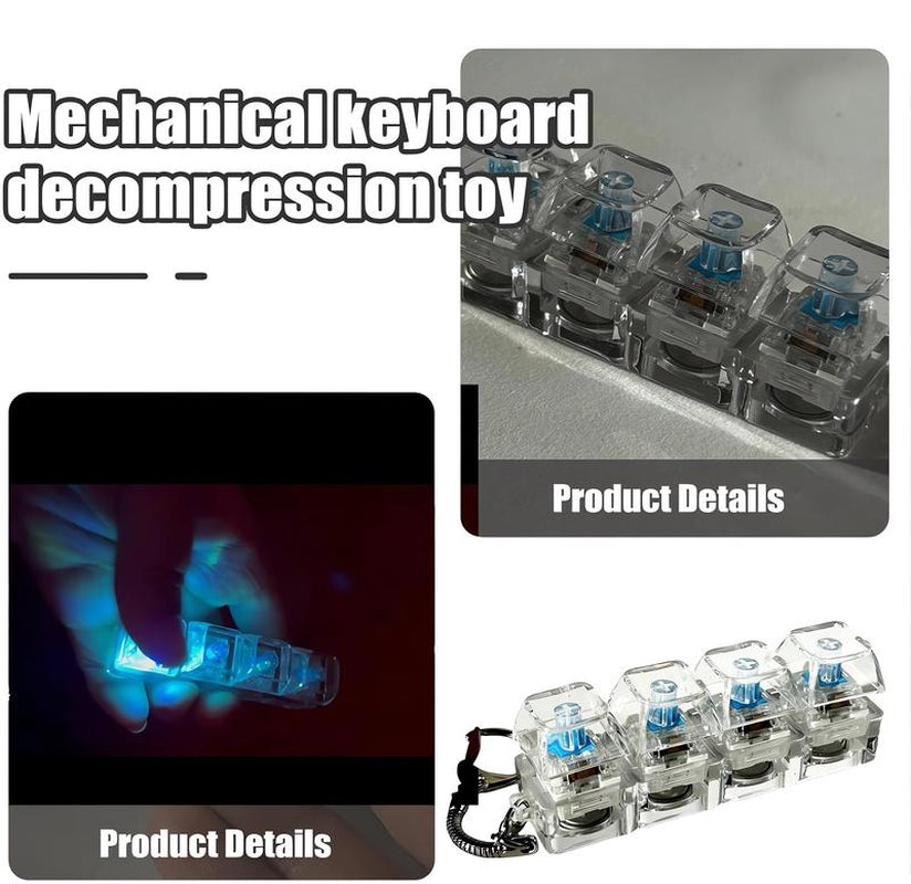 Stress-Relieving Toy Mechanical Keyboard, Crystal Keycaps with LED Lights, Transparent Design, Keyboard Keychain