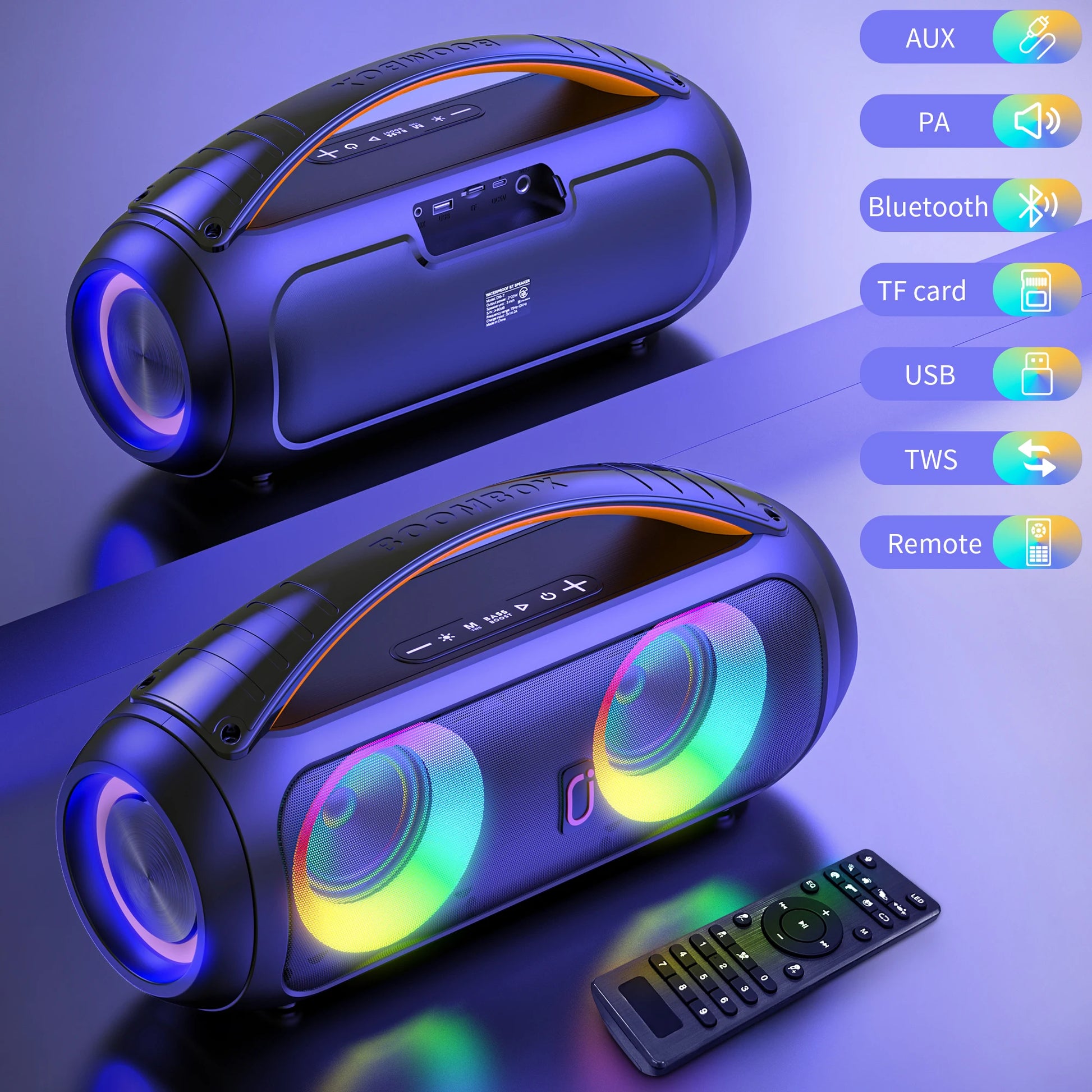 40W Waterproof Bluetooth Speaker, Portable Wireless Speaker, Outdoor Party Boombox Speaker, Deep Rich Bass, Dazzling LED Light