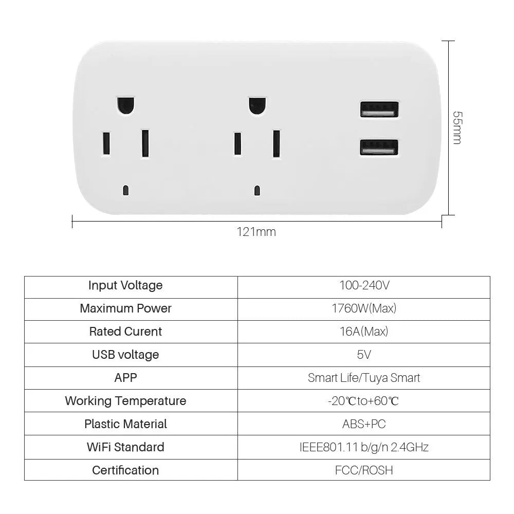 16A US Tuya Smart Wifi Plug Socket 2 Outlets 2 USB Ports with Timer Countdown Smart Life APP Remote Control Works with Alexa Goo