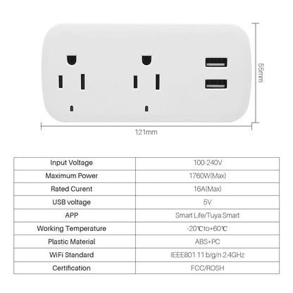 16A US Tuya Smart Wifi Plug Socket 2 Outlets 2 USB Ports with Timer Countdown Smart Life APP Remote Control Works with Alexa Goo