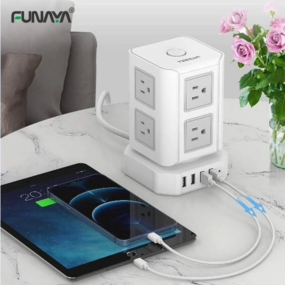 Tower Power Strip Sockets UK US Plug 8 Utlets 4 USB AC110V 220V 10A 2500W White Home Office Smart Overload Protection Socket