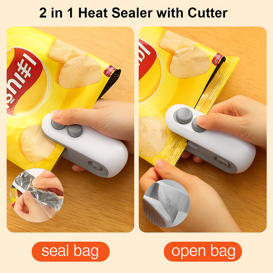 Shop the trending Mini Bag Sealer 2-in-1 Heat Sealer & Cutter — a rechargeable, portable food storage gadget that seals snacks and plastic bags in seconds. Perfect for fresh food storage, travel, and home kitchens.