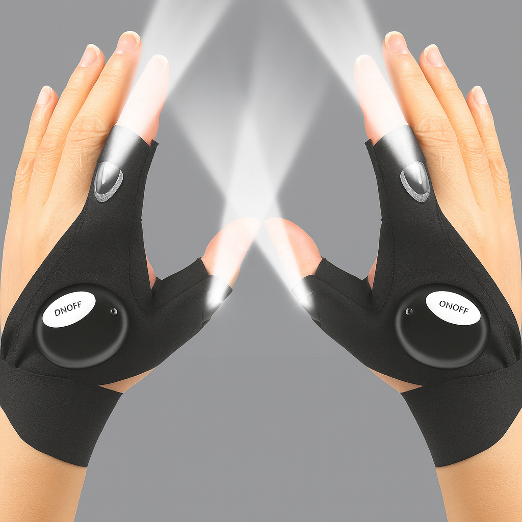 LED Half Finger Gloves used for outdoor activities like night fishing, cycling, and running, showing powerful flashlight beams.