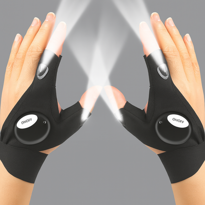 LED Half Finger Gloves used for outdoor activities like night fishing, cycling, and running, showing powerful flashlight beams.