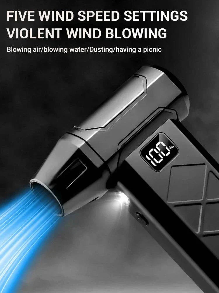 “130000RPM turbofan Powerful Air Blower handheld cordless duster shown cleaning tech accessories.”