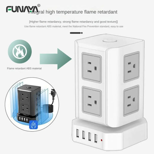 Tower Power Strip Sockets UK US Plug 8 Utlets 4 USB AC110V 220V 10A 2500W White Home Office Smart Overload Protection Socket
