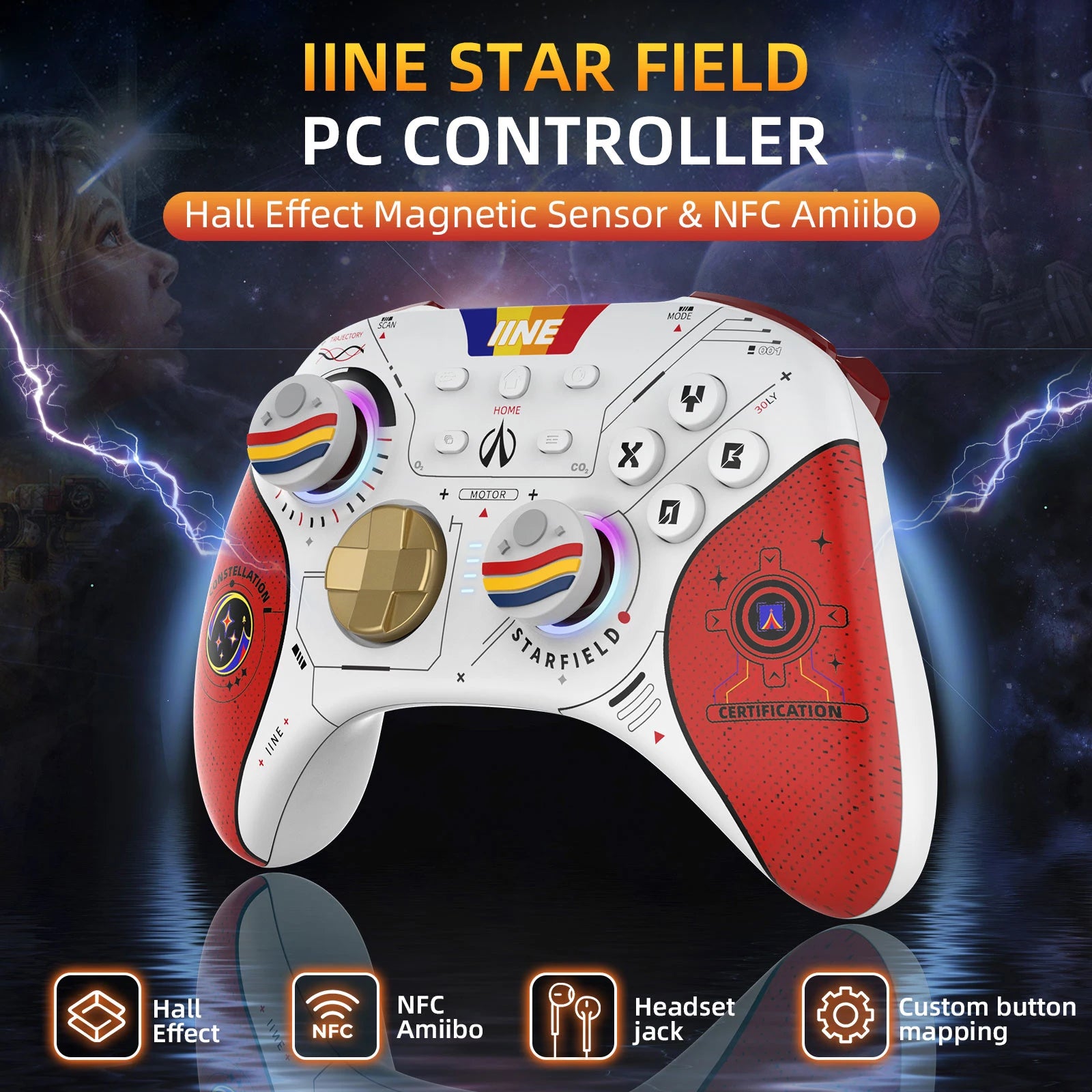 Star-Field PC Controller Hall Effect Joystick & NFC Amiibo with 2.4Ghz Bluetooth Receiver for Pc/Laptop/Switch/Steam/Ipad