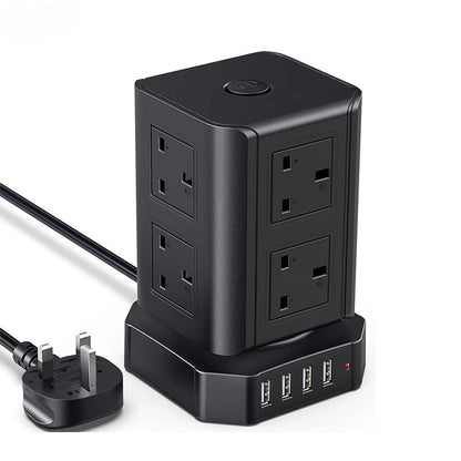 Tower Power Strip Sockets UK US Plug 8 Utlets 4 USB AC110V 220V 10A 2500W White Home Office Smart Overload Protection Socket